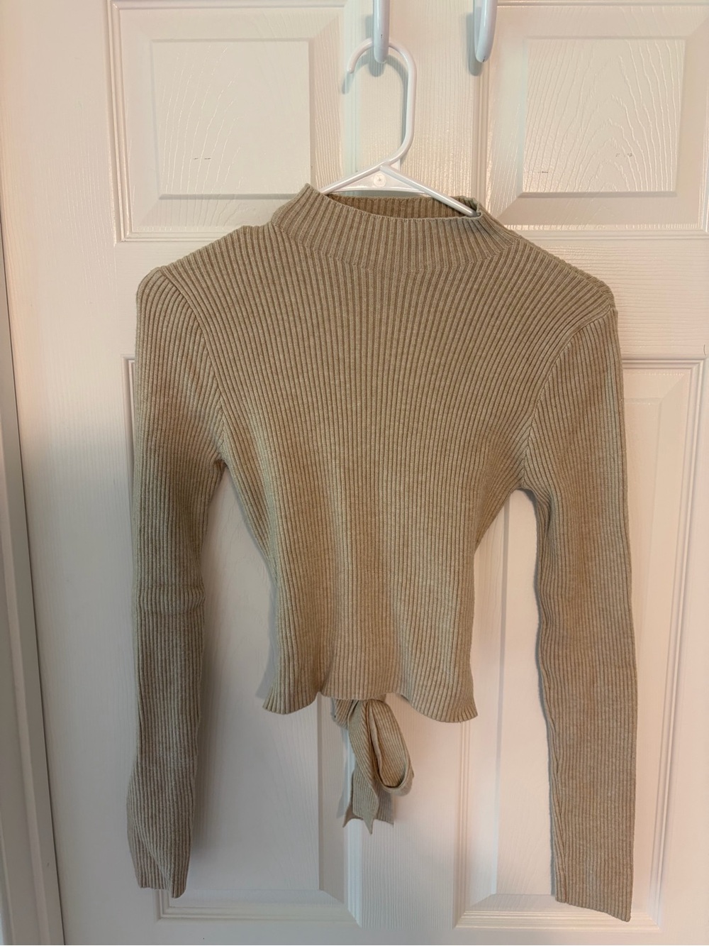 Petal & Pup Ribbed Tie-Back Mock Neck Top in Tan